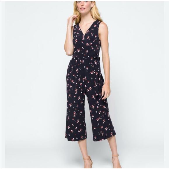 Kayleigh Delaney Knit Cropped Jumpsuit Women's Size XXL Navy Floral Faux Wrap - Picture 1 of 15